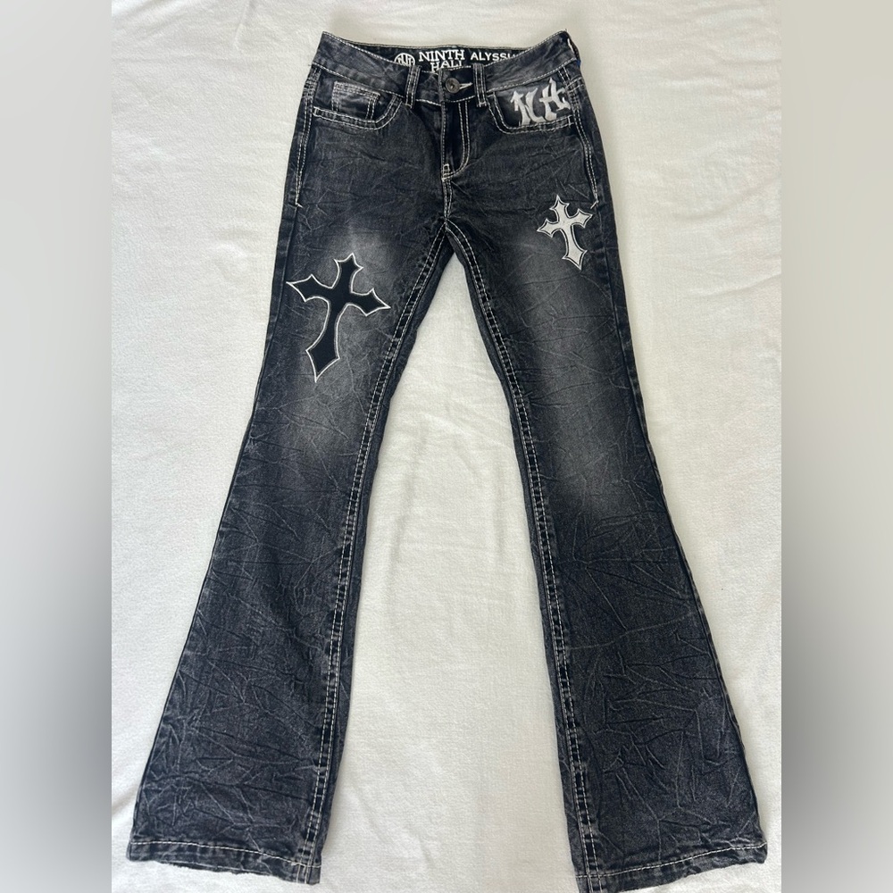 Ninth Hall Alyssia Cross Black Wash Mid Rise Bootcut Jeans Size 2 Women's